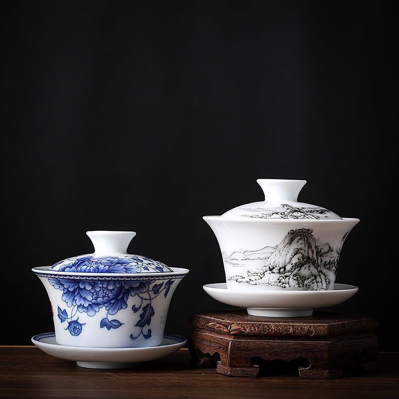 Bộ Trà Gốm Kung Fu Xanh Trắng Sancai Gaiwan Trung Quốc Retro Teacup