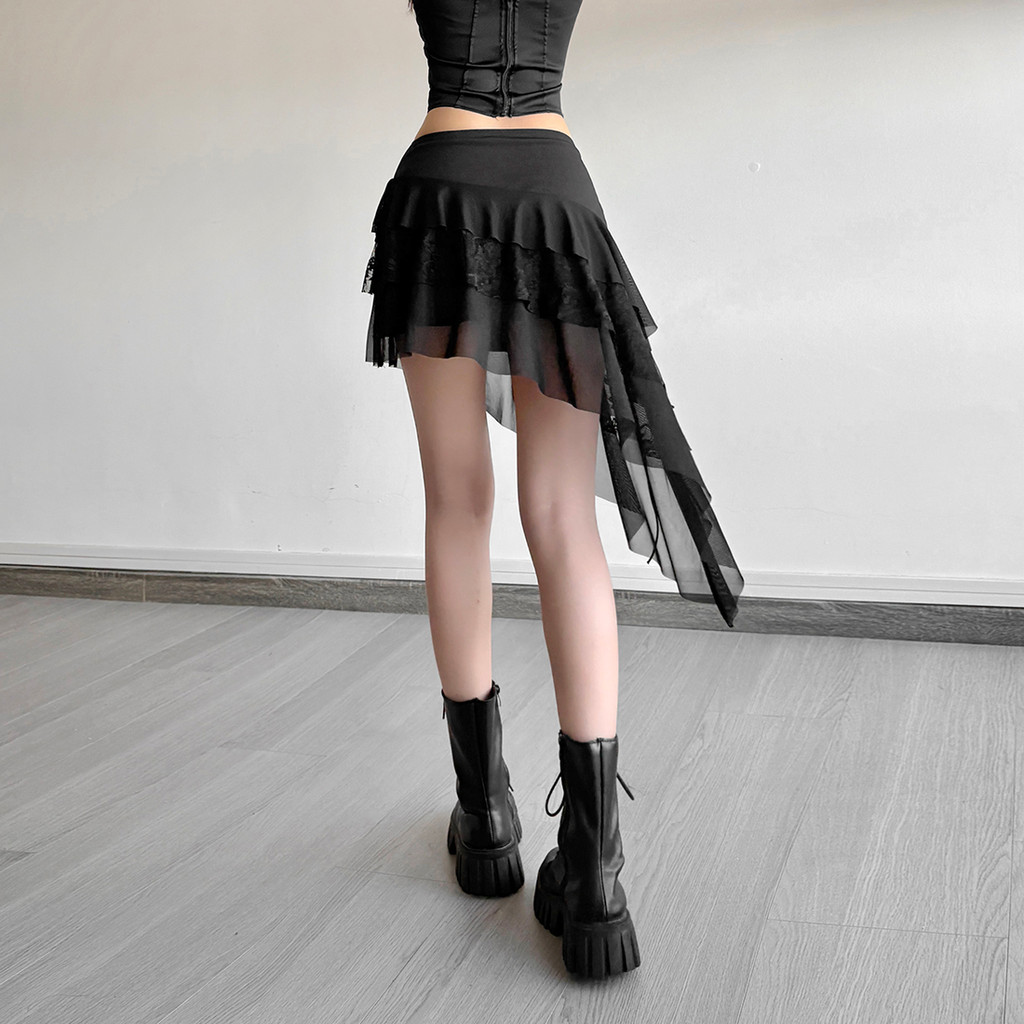 Cutenew Váy Thời Trang Không Đều Cao Cấp Lưới Chắp Vá Xếp Chồng Dây Rút Nữ Mùa Hè Gợi Cảm Hot Chick Phong Cách Đường Phố
