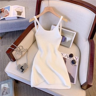Pure Desire Style Hot Girl Sling Dress - Váy ngắn dệt kim trắng sang trọng, phù hợp đi biển