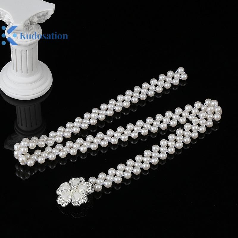 Kudosation Nữ Ngọc Trai Dây Thắt Lưng Ngọc Trai Kẻ Sọc Thắt Lưng Trang Trí Thắt Lưng Mỏng Đính Hạt Thắt Lưng Co Giãn
