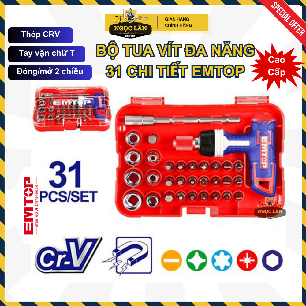 [Chính hãng] Bộ tua vít đa năng 31 chi tiết EMTOP tay cầm chữ T, đóng mở 2 chiều, đầu tuýp CR-V