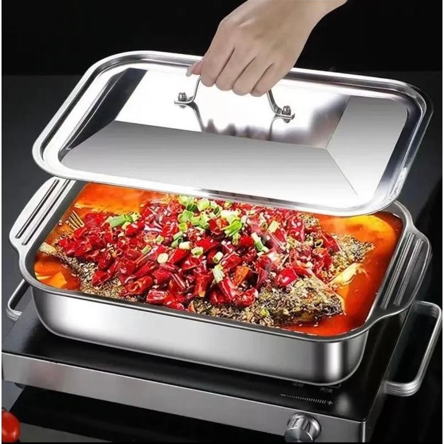 Nồi Inox 304 có Nặp Đậy cao cấp Dài 41 cm và cao 8cm Nồi inox đa năng om cá nấu lẩu dùng cho mọi loại bếp BB-225
