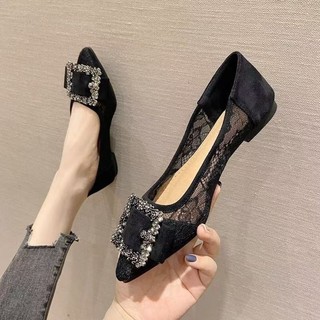 Mũi Nhọn Giày Cao Gót Đế Bằng Nữ Slip-On Nông Miệng Ren Vuông Khóa Kim Cương Giả