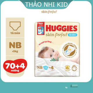 Tã/bỉm dán sơ sinh Huggies Skin Perfect NB70+6/S54+6/S80+2/M76+3 miếng với 2 vùng thấm giảm kích ứng da