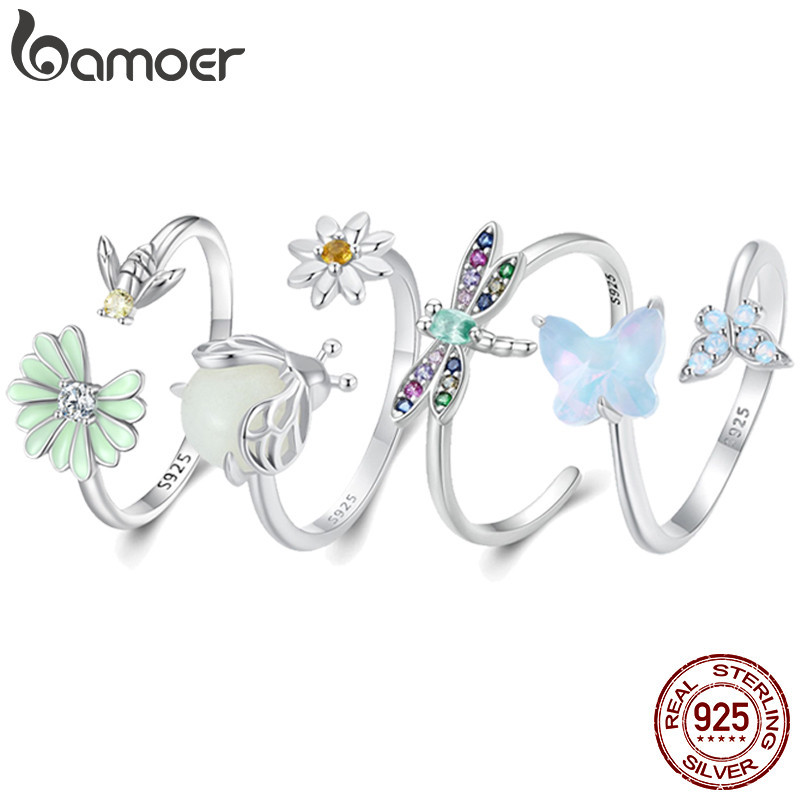 Bamoer Bạc 925 Nhẫn Hoa Dễ Thương Chim Bướm Thời Trang Nữ Phụ Kiện Quà Tặng Sinh Nhật SCR323