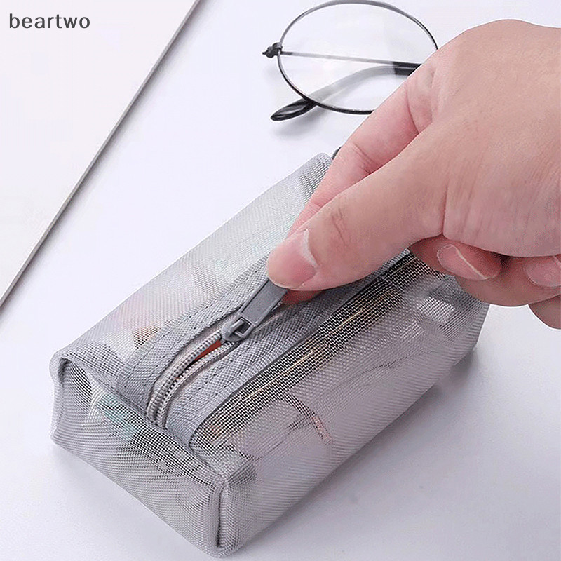 < Beartwo > Túi trang điểm lưới vuông nhỏ bằng Nylon đơn giản Ví đựng tiền xu ba chiều Key ID Thẻ tín dụng Túi đựng thẻ tín dụng Lưới dây kéo Túi lưu trữ đẹp