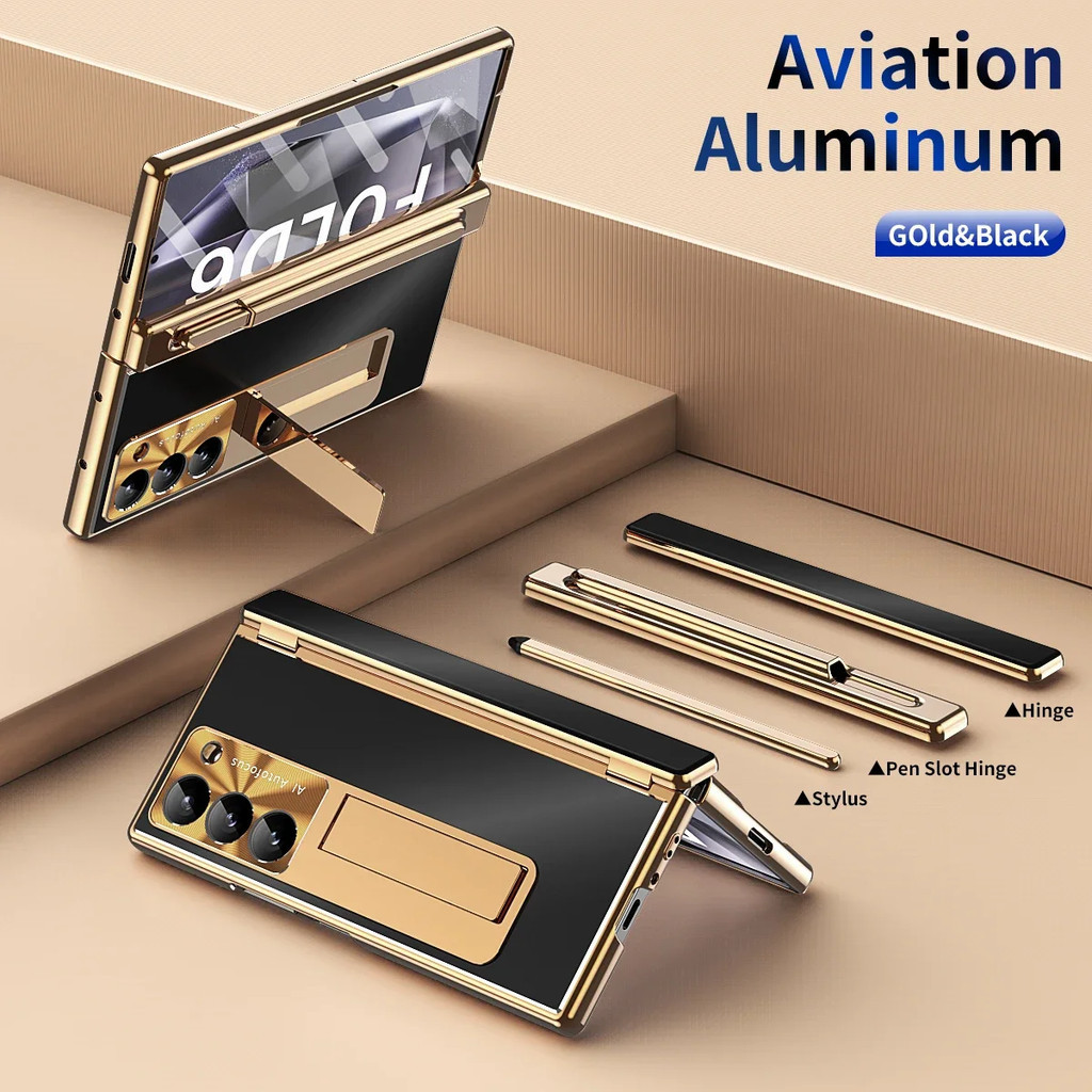 Kim Loại Hợp Kim Nhôm Dành Cho Samsung Galaxy Z Fold 7 6 5 4 3 Có Bút Cảm Ứng Da Bảo Vệ Toàn Diện Kính Phim Đứng Gấp Bao