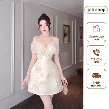 Đầm Váy Nữ Thiết kế Chất Tơ phối Tafta, Váy 2 Dây Trễ vai Đính Hoa Cườm Đính Đá