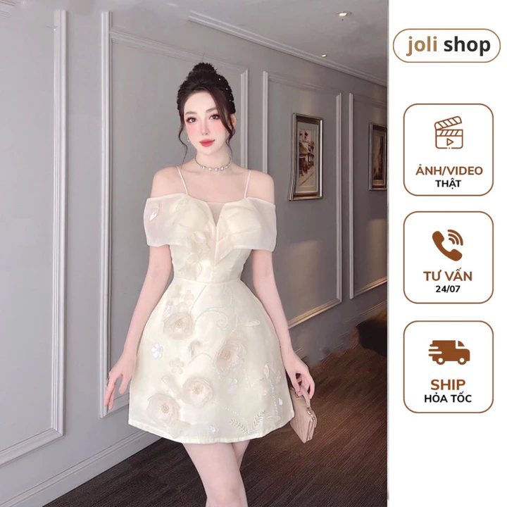 Đầm Váy Nữ Thiết kế Chất Tơ phối Tafta, Váy 2 Dây Trễ vai Đính Hoa Cườm Đính Đá