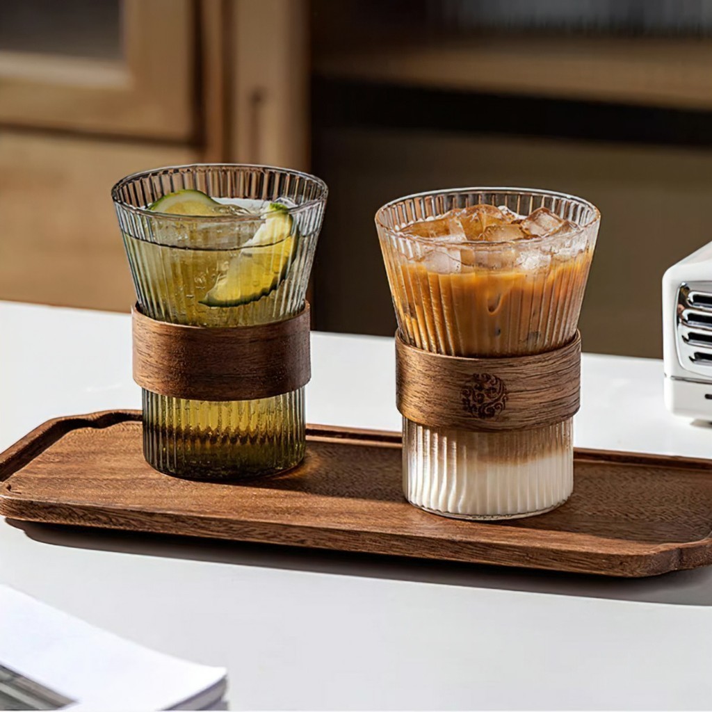 Ly Thủy Tinh Chịu Nhiệt Có Vòng Gỗ Chống Nóng - Ly trà, Cốc Coffee Độc Đáo Dung Tích FE123
