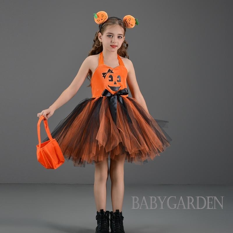 Baga-halloween Trang Phục Bí Ngô Cho Bé Gái 2-12 Tuổi Váy tuyn Không Tay Dễ Thương + Bộ Túi Đeo Đầu Trang Phục Hóa Trang