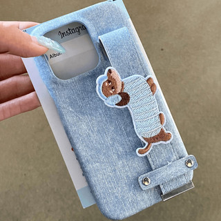 Dây đeo cổ tay chó thêu Denim Vỏ điện thoại cho iPhone15 14 13 12 11 Pro Max chống sốc bảo vệ camera chống rơi lưng cứng