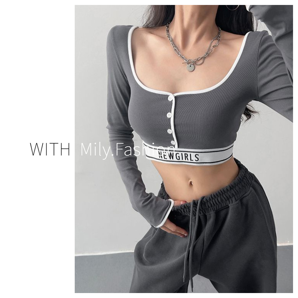 Milyfashion Tay Dài T Màu Khóa Siêu Ngắn Rốn Cao-