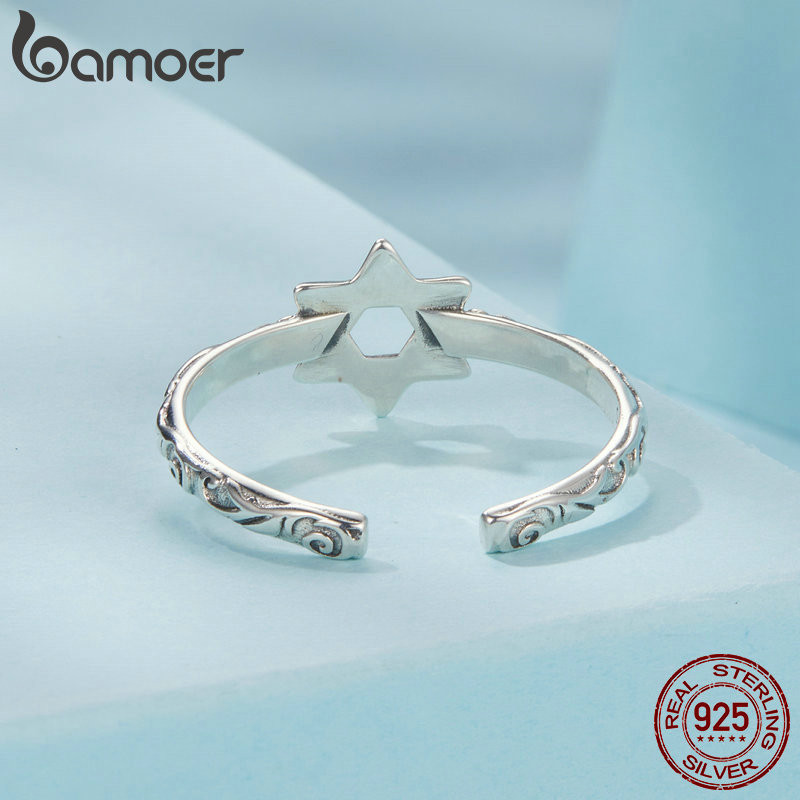 Nhẫn Bạc Bamoer 925 Thiết Kế Ngôi Sao Sáu Cánh Nhẫn Mở Quà Tặng Trang Sức Cho Nữ.