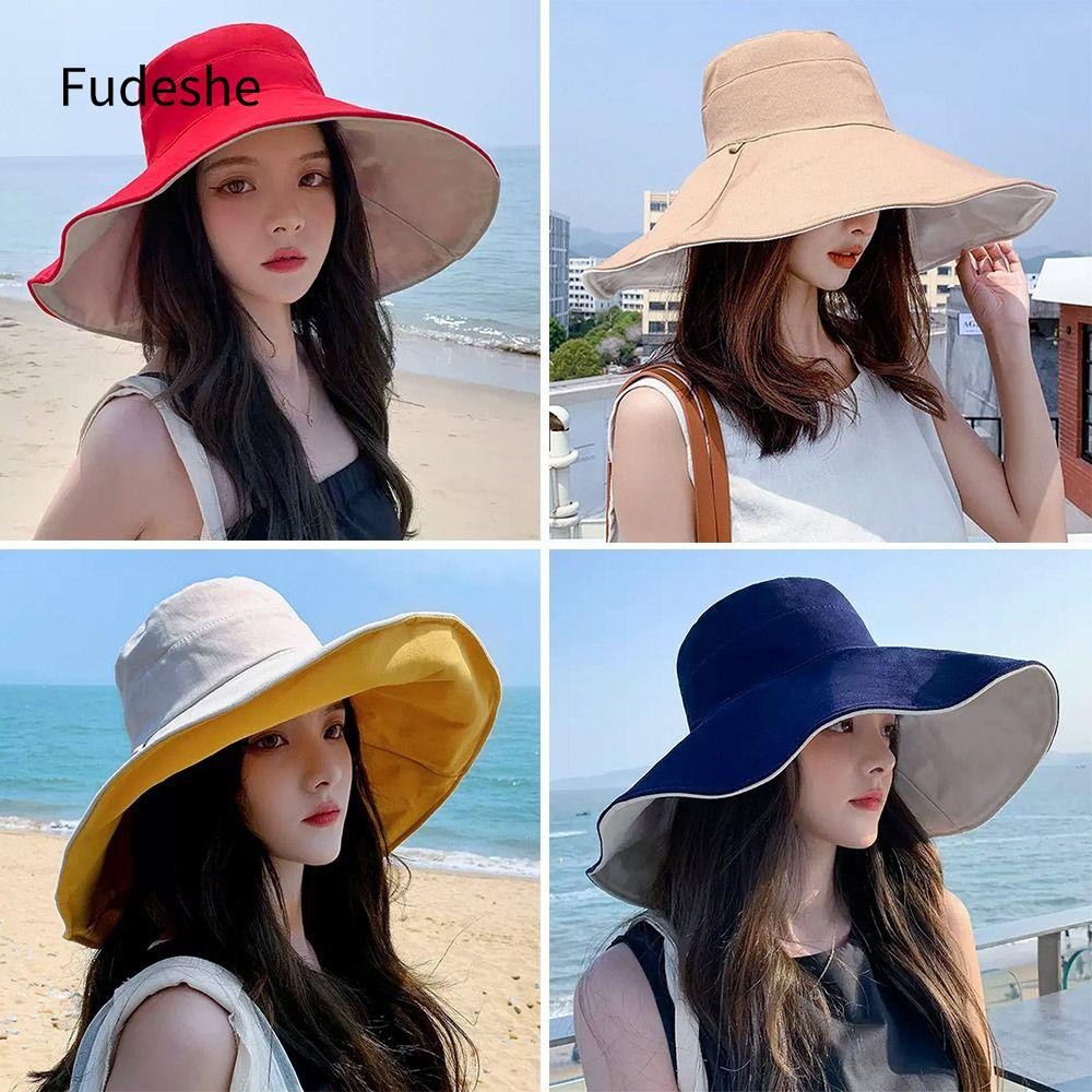 Mũ đi biển FUDESHE, Mũ xô hai mặt chống tia cực tím, Mùa xuân hè di động vành lớn có thể gập lại Mũ ngư dân nam nữ
