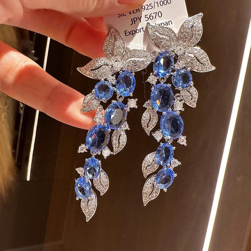 Bông tai tua rua dài Zircon sang trọng nhẹ Bông tai hoa lá tinh tế thời trang