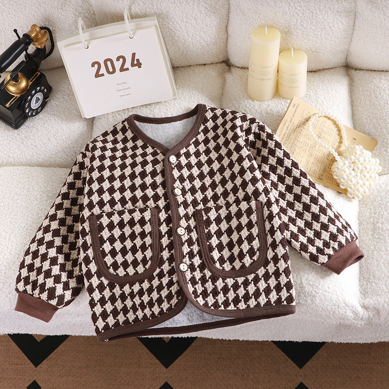 Phong Cách Mới Trẻ Em Houndstooth Áo Khoác Thu Xuân Bé Gái Tất Cả Trận Đấu Cardigan 90-150 Kích Thước VOEQ