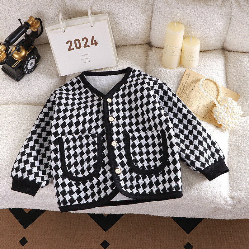 Phong Cách Mới Trẻ Em Houndstooth Áo Khoác Thu Xuân Bé Gái Tất Cả Trận Đấu Cardigan 90-150 Kích Thước VOEQ