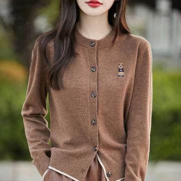 Nữ Cổ Tròn Nút Xuống Áo Cardigan Dài Tay Cho Nữ Thu Đông Hoạt Hình Dễ Thương Gấu Thêu Mềm Đan Cardigan Áo Len
