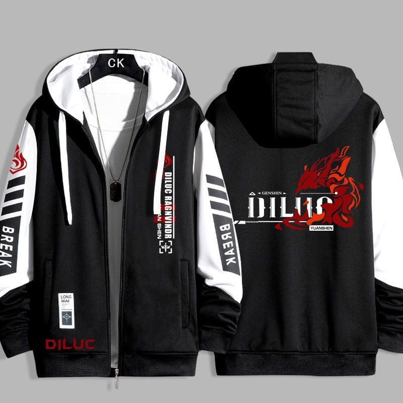 5y Genshin Tác Động Trò Chơi Diluc Áo Khoác Dây Kéo Áo Khoác Áo cardigan Áo Len Unisex Dài Tay Top Cosplay