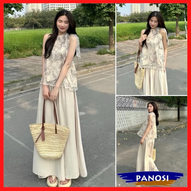 Set bộ áo yếm chất voan tơ mềm mại kèm quần suông đũi mềm ống rộng kiểu dáng tiểu thư sang chảnh B402 PANOSI