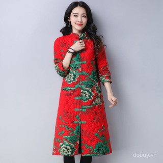 Váy liền sườn xám mùa xuân, mùa thu và mùa đông mẫu mới retro phong cách dân tộc vải cotton và vải lanh áo khoác đệm giữa dáng dài cho mẹ trung niên và cao tuổi Áo khoác đệm