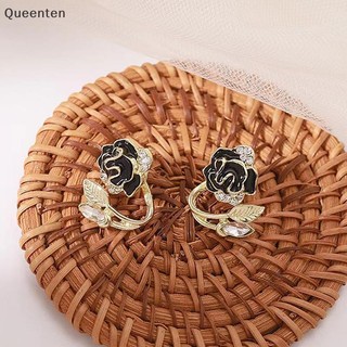 Queenten Độc Đáo Vintage Tính Khí Thanh Lịch Màu Đen Camellia Kim Cương Giả Hoa Nhỏ Phong Cách Mới Bông Tai QT