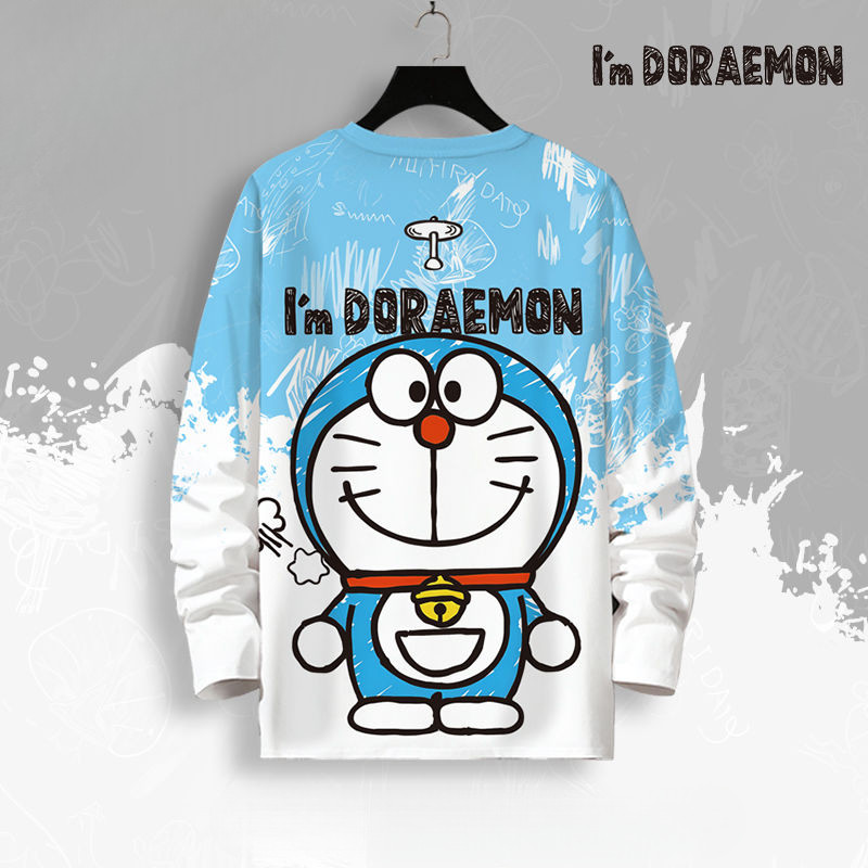 Áo Thun Dài Tay ngoại cỡ áo nam mặc thường ngày Doraemon dáng rộng cổ tròn