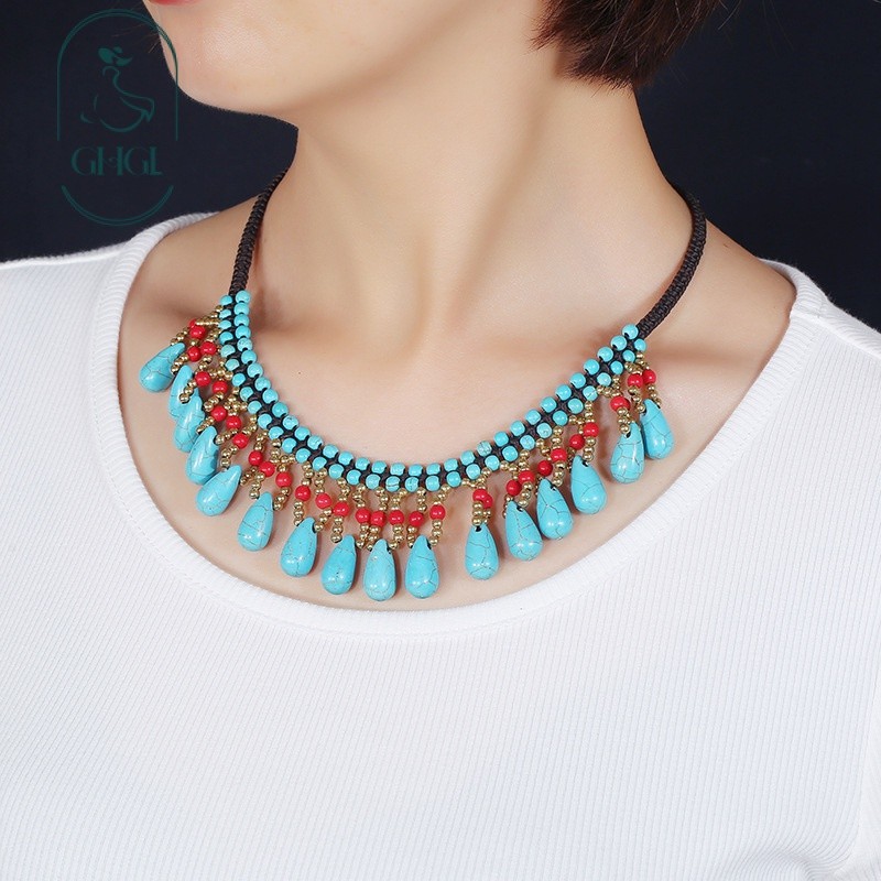 Ghgl❤️Bohemian Phong Cách Dân Tộc Vòng Cổ Nữ Xương Đòn Dây Xích Xanh Đỏ Xanh Ngọc Tua Rua Cổ Ngắn Vòng Chân Bộ Kỳ Nghỉ