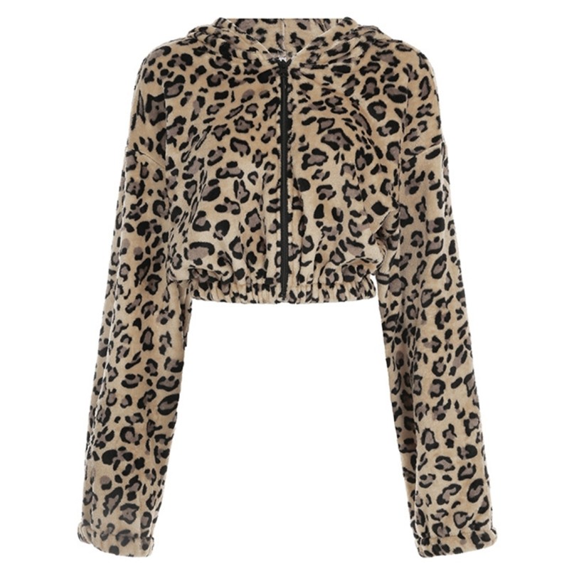 Vic Nữ Da Báo In Hình Lông Cừu Zip Up Crop Áo Khoác Áo Dài Tay Thường Ngày Quá Khổ Áo Khoác Rời Áo Khoác Ngoài