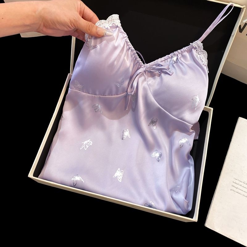 Pyjama váy ngủ nữ mới 2025, bướm bạc gợi cảm với dây đeo thảm ngực ngọt ngào