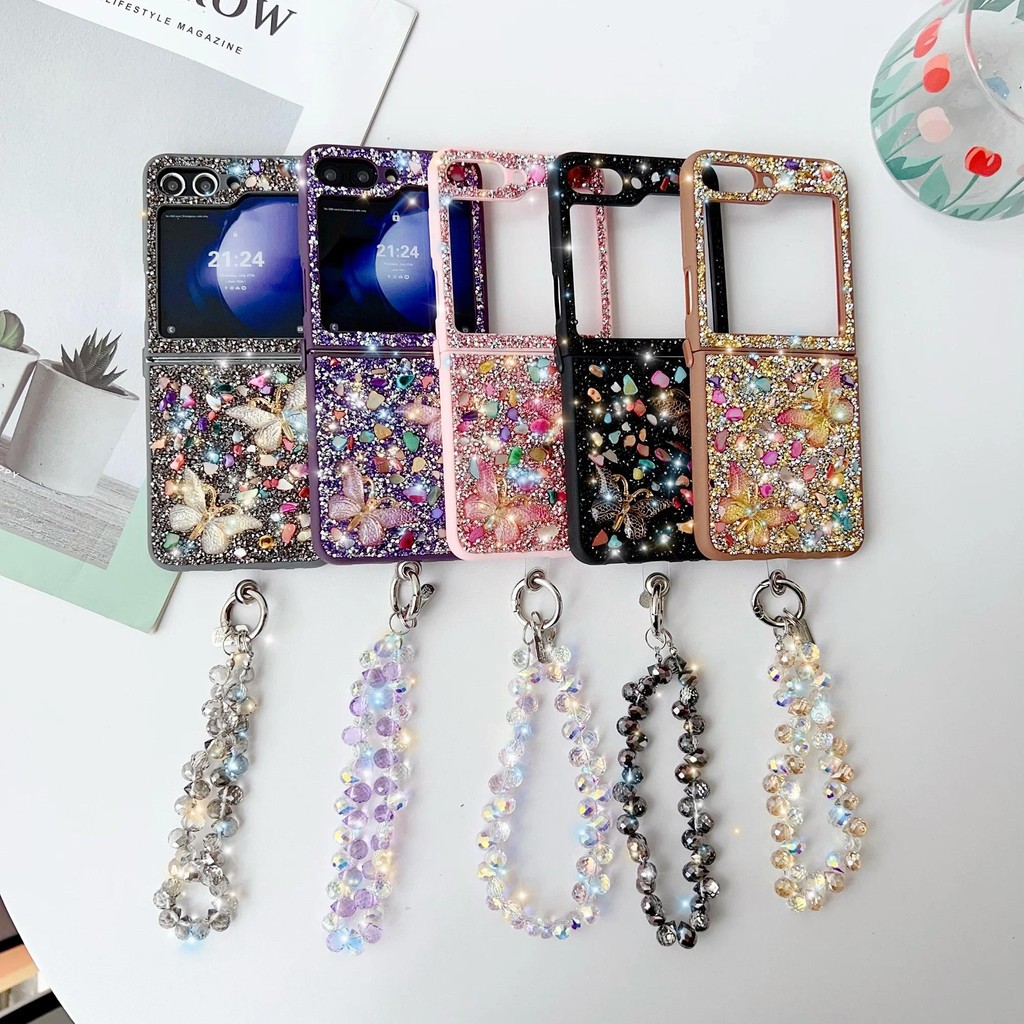 Ốp Điện Thoại Lấp Lánh Sang Trọng Cho Samsung Galaxy Z Flip 7 6 5 4 3 Flip7 Flip6 5G Dễ Thương Bling Đá Pha Lê Cổ Tay Bao