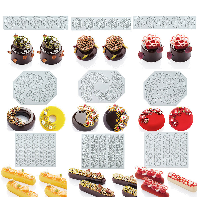 Lá Dài Dải Trái Tim Ngôi Sao Bong Bóng Hình Fondant Ren Thảm Khuôn Silicon DIY Làm Bánh Trang Trí Phân Tử Ẩm Thực In Khuôn Socola