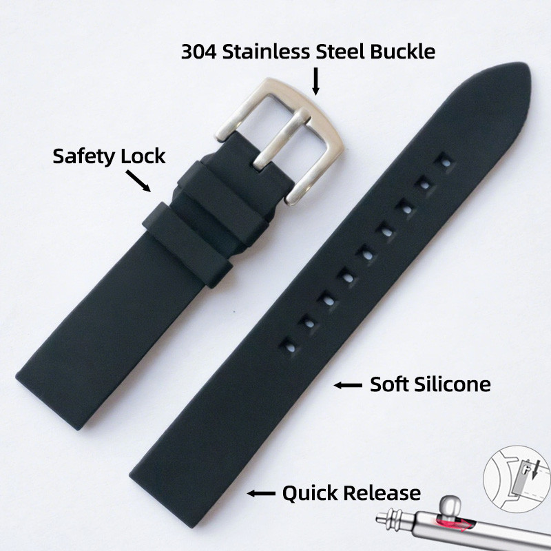 Khóa màu đen - Dây đeo đồng hồ silicon phát hành nhanh 18 / 19 / 20 / 21 / 22 / 24mm Cao su đa năng Giao diện phẳng Phụ kiện dây đeo đồng hồ silicon