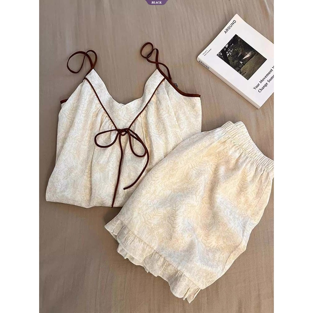 Bộ đồ ngủ yếm họa tiết cổ điển và quầnshort mùa hè cao cấp, phong cách INS