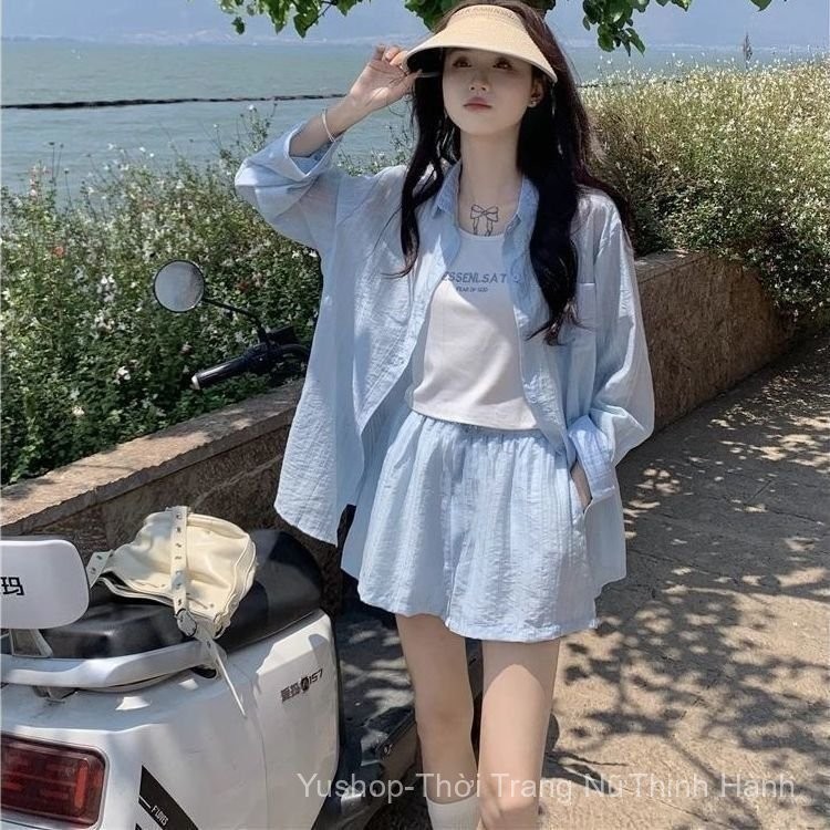 [Yu]Set hè nữ năng động, áo sơ mi dài tay chống nắng, quần short ống rộng dễ phối, thoải mái.