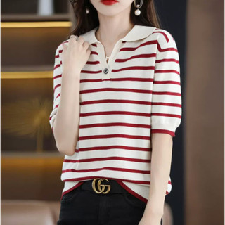 Áo Len Sọc Tay Ngắn Nữ Cổ Áo Polo Mùa Hè Rời Đi Lại Mỏng Top