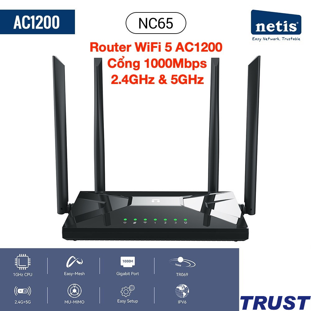 Router WiFi 5 AC1200 - Cổng 1G - Netis NC65 - Băng Tần Kép 2.4GHz ...