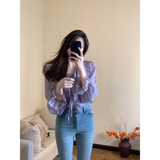 Cổ chữ V, tay nấm ba chiều, voan tím, áo sơ mi họa tiết xù - Size lớn cho ngày thường