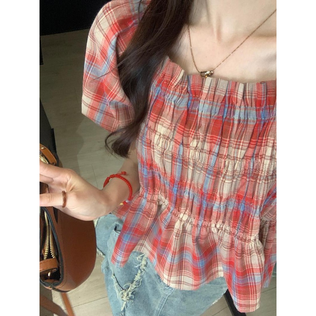 Áo sơ mi hoa đỏ lụa phồng tay ngắn kiểu Hàn Quốc - Vải cotton thoáng mát cho ngày hè