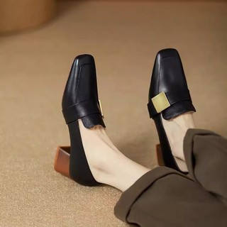 Loafers Size Lớn Nữ Mũi Vuông 2025 Loafer Nữ Retro Sang Trọng Da Mềm Thoải Mái Dày Gót Phong Cách Anh Quốc Giày Da Nhỏ
