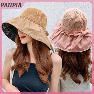 PNPIA-Áo Hè Nữ Mới Mũ Xô Chống Tia UV Mũ Chống Nắng Màu Trơn Mềm Mại Có Thể Gập Lại Rộng Vành Bãi Biển Ngoài Trời Panama Đuôi Ngựa Mũ