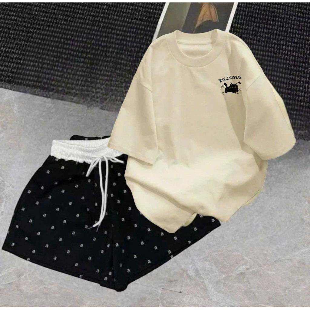 sét bộ quần ĐÙI cộc CHỮ A cạp chun màu trắng +mix áo phông -in mèo ngực mèo chữ TGJGOIS
