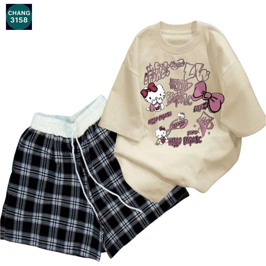 sét bộ quần đùi cộc kẻ caro cạp chun màu trắng +mix áo phông form rộng-MÈO CUTE -cam 3158