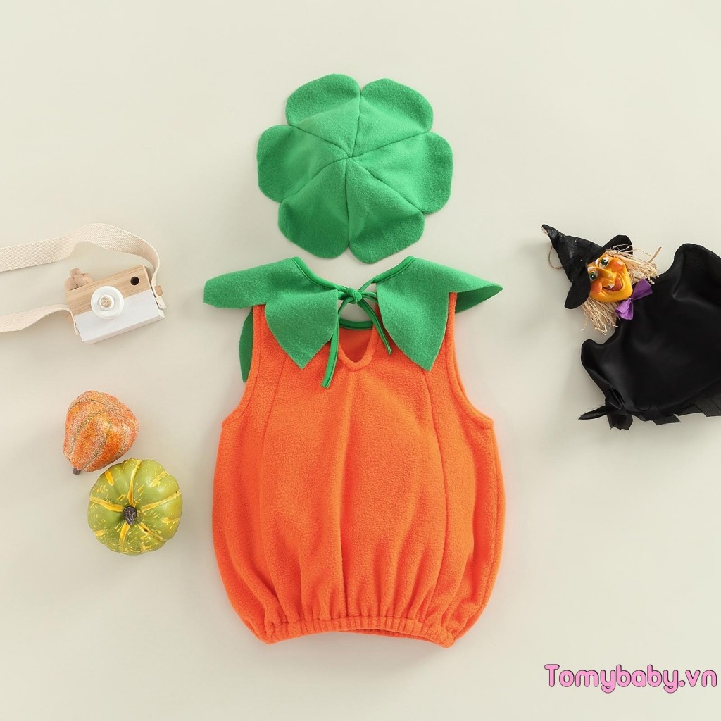 Bộ trang phục mũ không tay buộc bí ngô Halloween cho bé