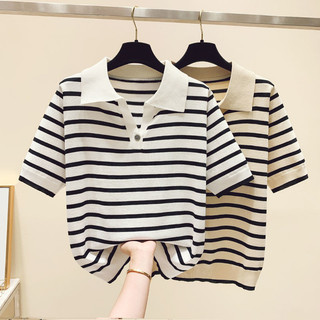 Rời Ôm Hơn Nhìn POLO Cổ Sọc Băng Lụa Đan Áo Thun Nữ Tay Ngắn Nút Mùa Hè Top
