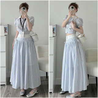 Set Váy Dài Kẻ Sọc Xanh Tiểu Thư Sang Chảnh
