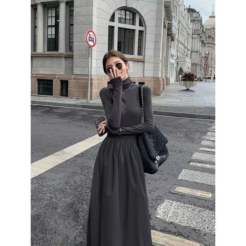 Đầm váy nữ dáng dài cổ lọ dài tay kiểu dáng basic thanh lịch thời trang thu đông hàng QC XIMIMI SP02