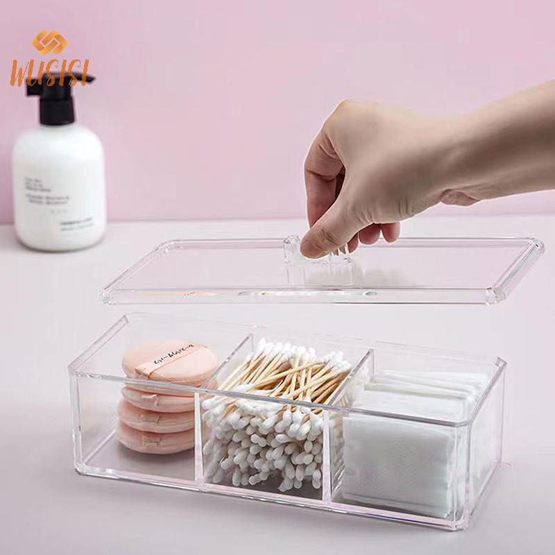 [WUSISI] Hộp đựng mỹ phẩm trong suốt Hộp đựng trang điểm Cotton Pad Hộp lưu trữ Máy tính để bàn Acrylic Sắp xếp MỚI