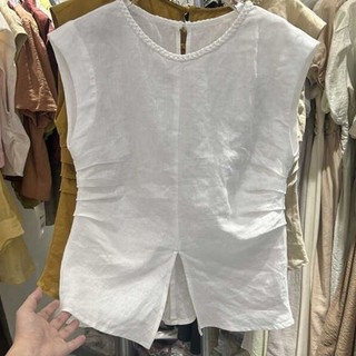 Pháp Thiết Kế Tối Giản Cảm Giác Xếp Ly Slit Linen Áo Sơ Mi Nữ Phong Cách Mùa Hè Sang Trọng Áo Sơ Mi Nhỏ Phù Hợp Với Hàng Đầu